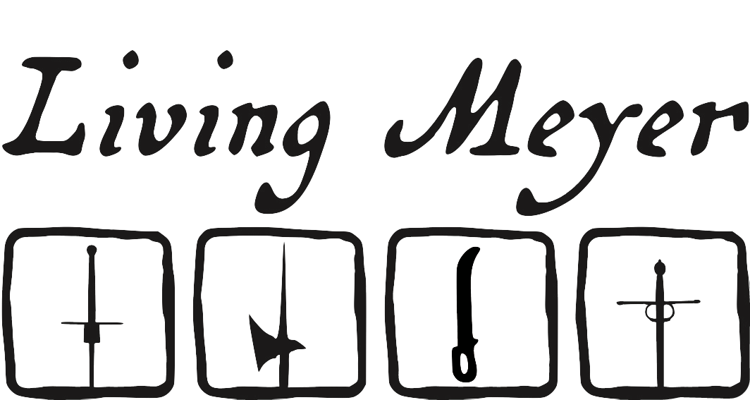 says "Living Meyer" with four weapons--longsword, halberd, dussack, and rapier pictured underneath