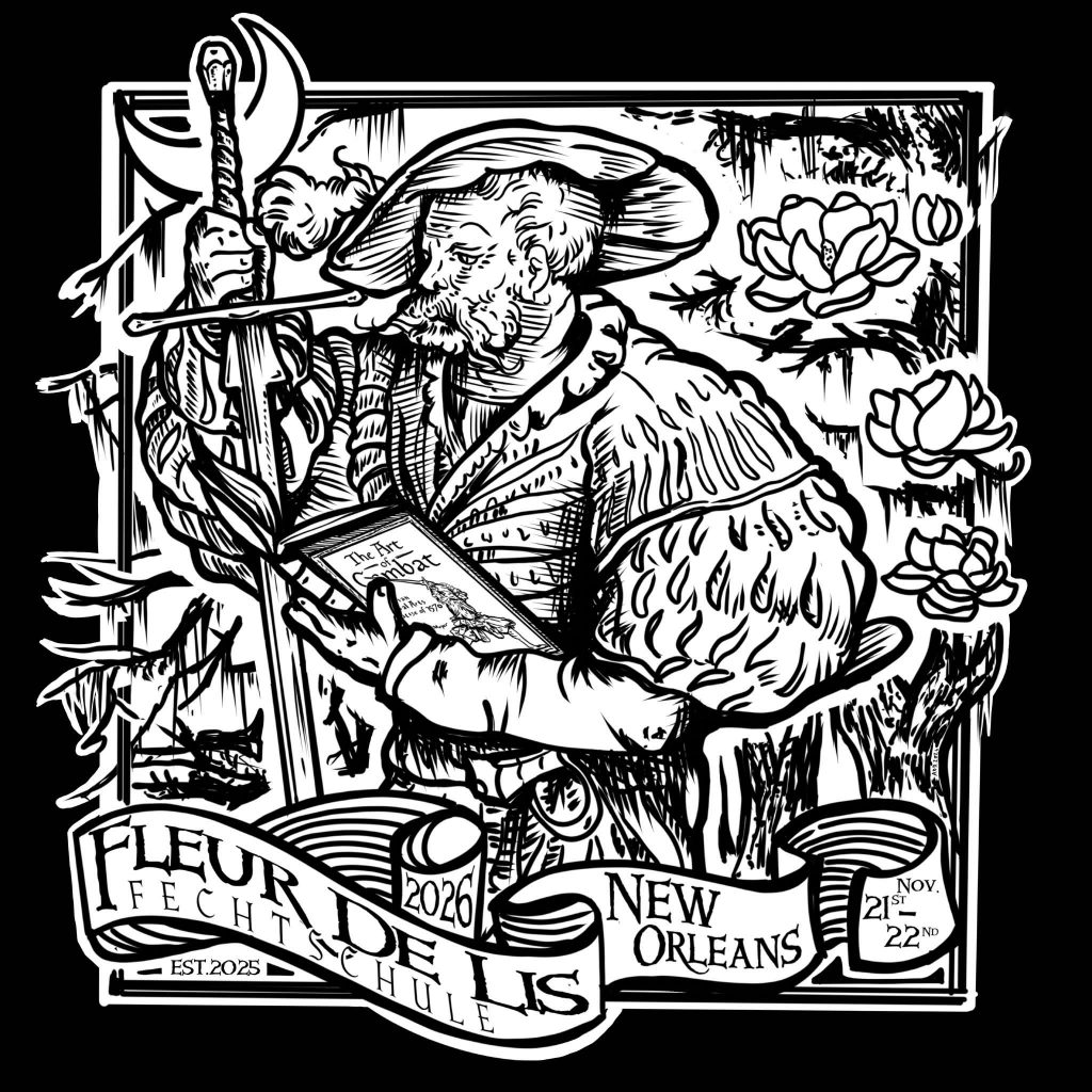 a black and white image of a Renaissance fencer holding a sword in one hand and a book (Joachim Meyer's Art of Combat) in the other hand. In the background, there is a crescent moon, oak trees, and some magnolia flowers